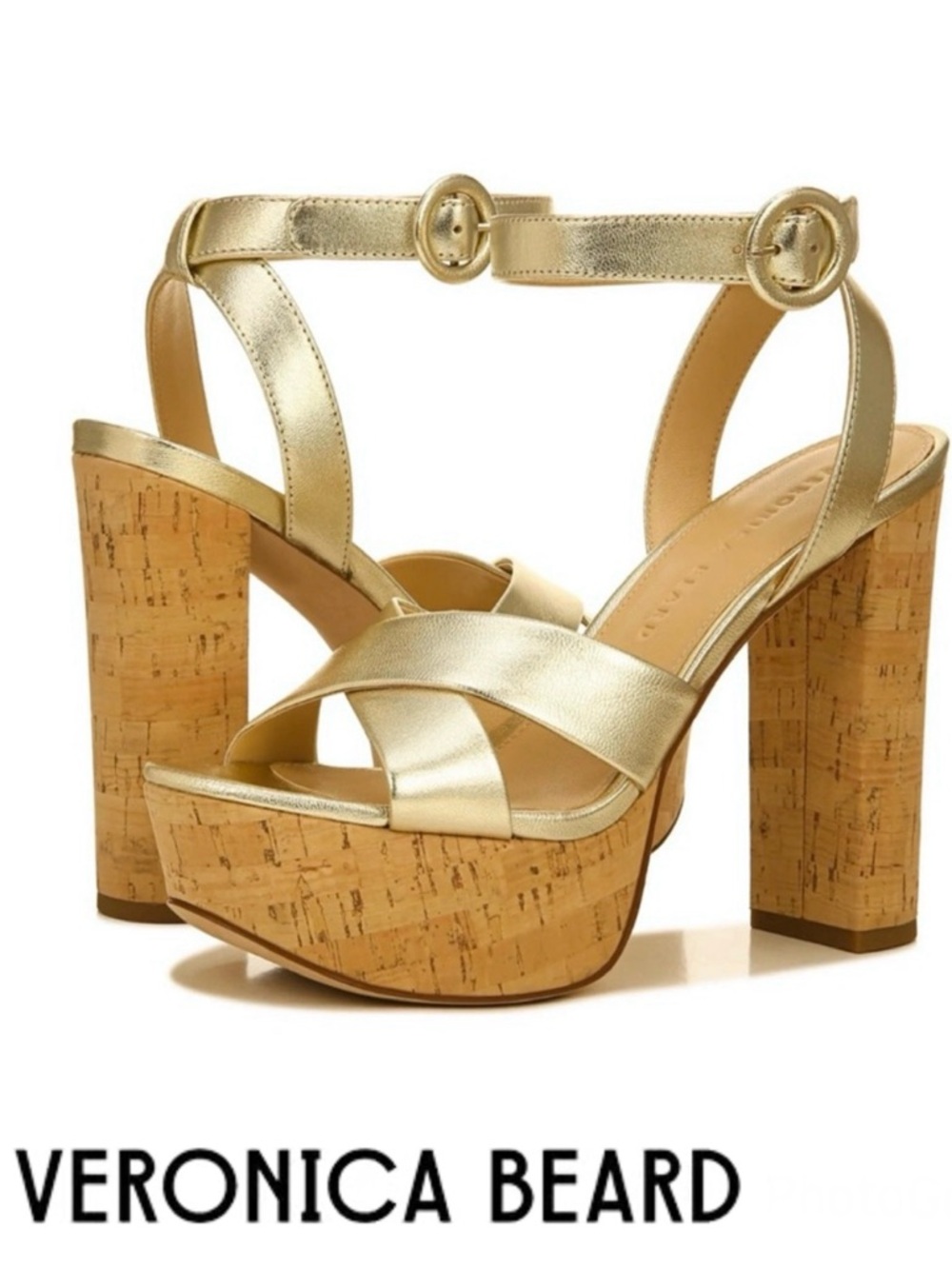 VERONICA BEARD Lalana Gold Leather Ankle Strap Cork Platform Heel Sandals Sz 8.5